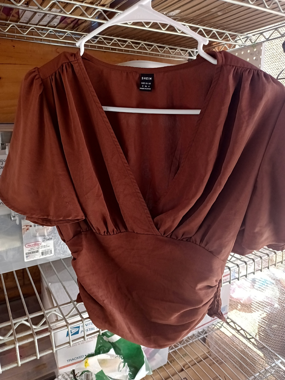 SHEIN Chocolate Brown V-Neck Flutter Sleeve Blouse